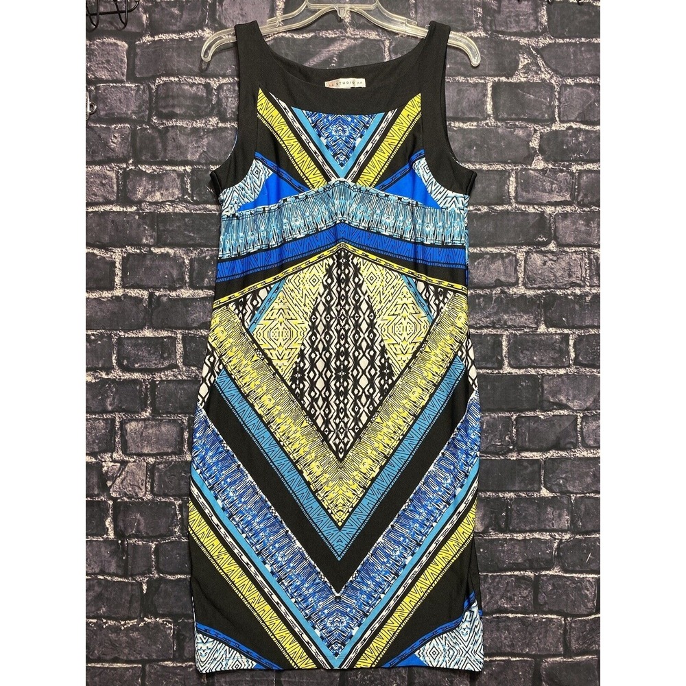 AA Studio AA Dress Womens 8 Blue‎ Yellow Black Geometric Sleeveless Bodycon Knee